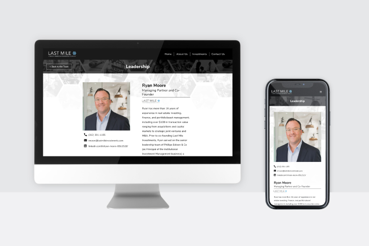 Digital mockup of Last Mile website page, displayed on desktop computer and mobile phone screen.