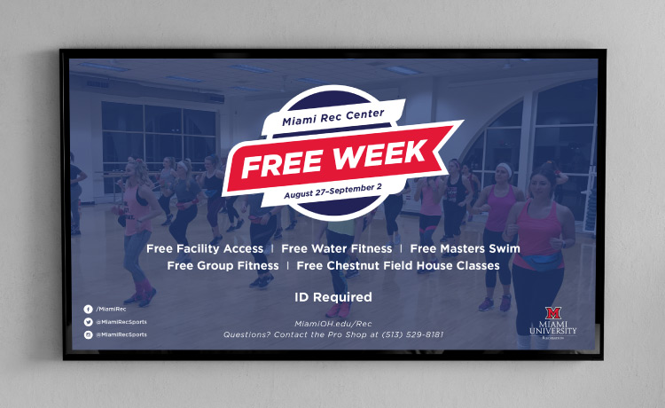 Digital 3d mockup of TV screen showing design for 'Miami Rec Center Free Week' digital advertisement.
