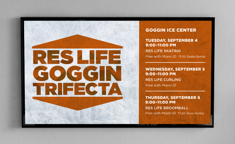 Digital 3d mockup of TV screen showing design for 'Res Life Goggin Trifeca' digital advertisement.