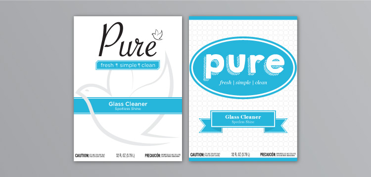 Iterations of label art for Pure cleaner with two different iterations of label design.
