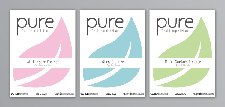 Final label art for Pure cleaner with three different labels for different cleaner types.