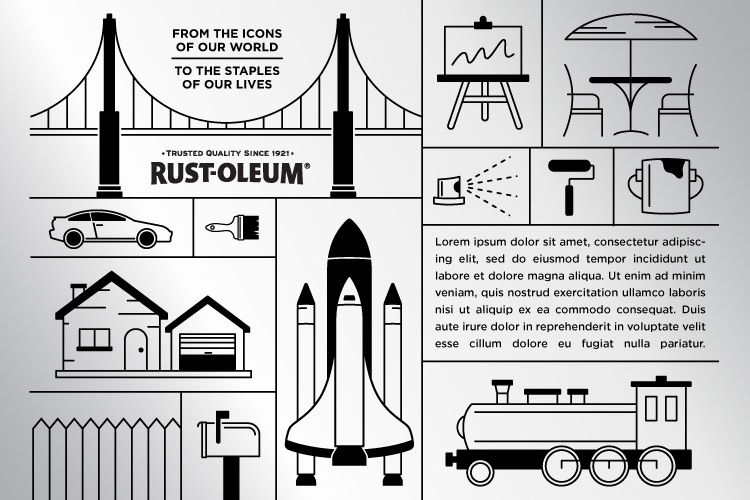 Label art for Rust-Oleum 100th Anniversary commemorative can, version featuring various icons representing items that can be painted with Rust-Oleum paint.