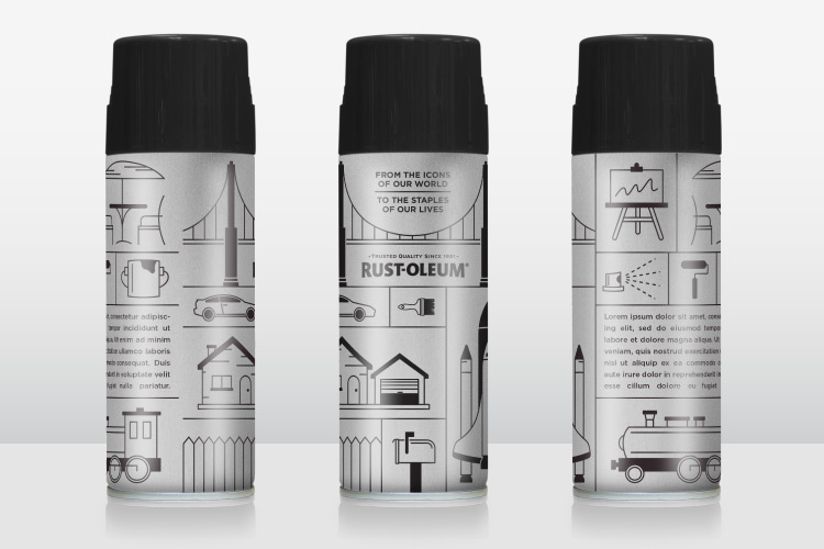 3d mockup of spray cans shown at different angles for Rust-Oleum 100th Anniversary commemorative can, version featuring various icons representing items that can be painted with Rust-Oleum paint.