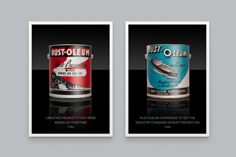 Digital 3d mockups of two different posters showing vintage Rust-Oleum gallon paint cans.