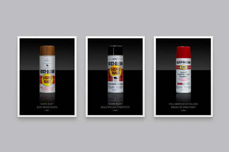 Digital 3d mockups of three different posters showing vintage Rust-Oleum spray paint cans.